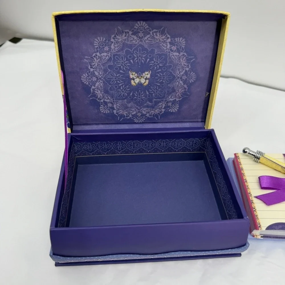 Pictura Stationery Set Butterfly Floral Purple Blue Keepsake Box w/ Pen NEW